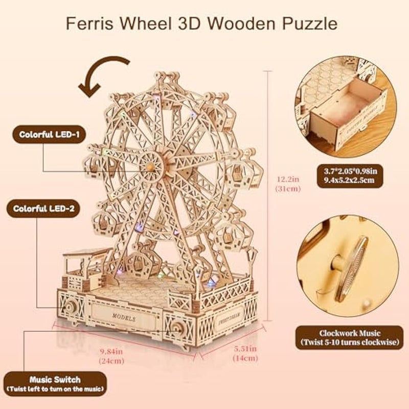Hallisun 3D Wooden Puzzle for Adults with Music, Ferris Wheel Model Building Kit, DIY Handicraft Wood Model Hobbies, Birthday Gift for Family Friends, Home Decor, 260 pcs - Image 4